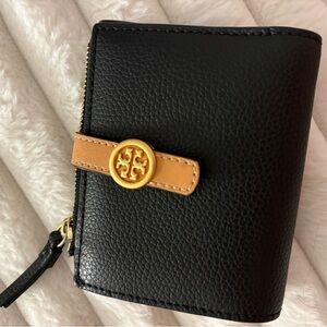 Tory Burch Black and Caramel Leather Wallet with Gold Accent
